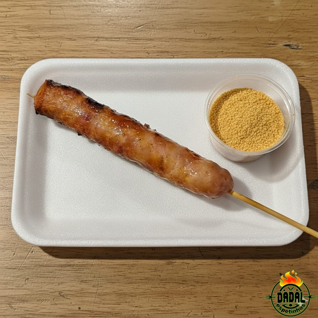Espetinho de toscana de frango, temperado e grelhado, acompanhado de farofa deliciosa.
