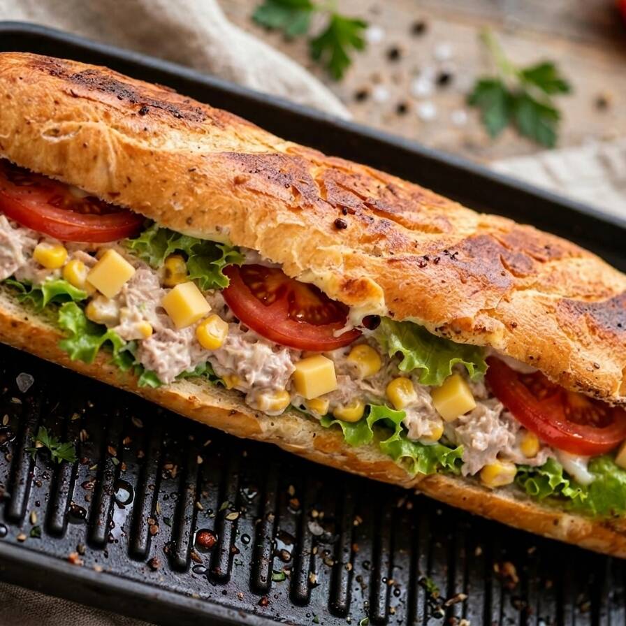 Baguette de Atún con Elote y Queso Gouda