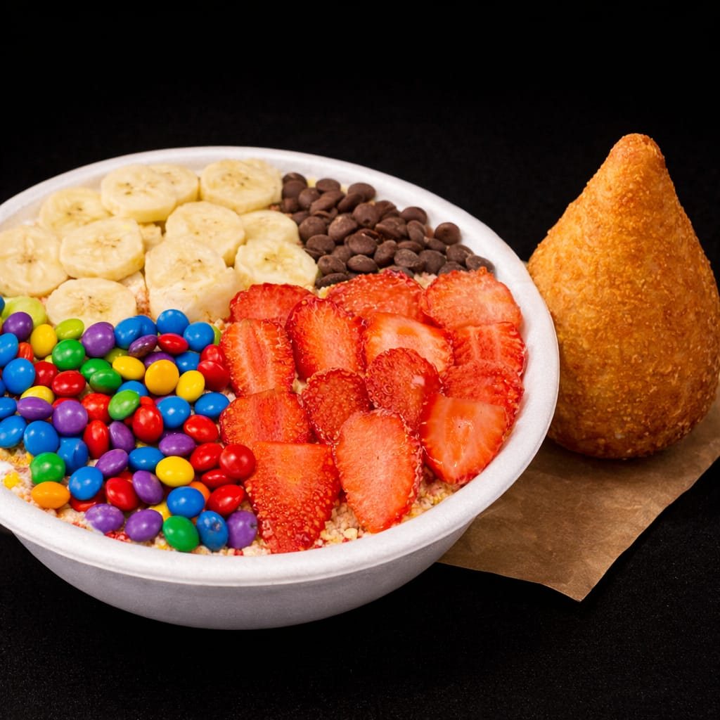 Vai acompanhado por 5 acompanhamentos, 2 opção de frutas, 1 opção de calda, de cortesia vai uma coxinha de frango 60g.