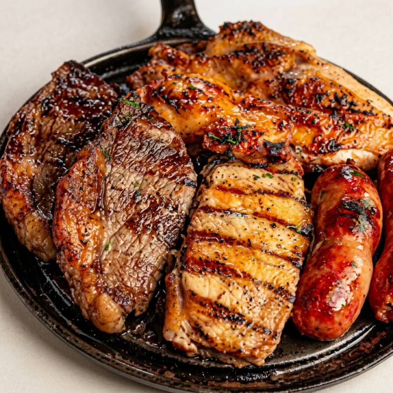 CARNE, TOSCANA, FRANGO, ARROZ TEMPERADO, FEIJÃO TROPEIRO, FAROFA E SALADA VINAGRETE.