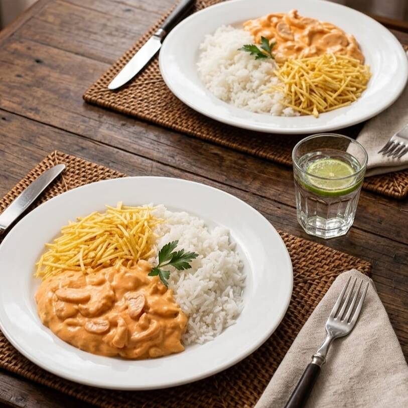 2 Marmitas completas com arroz, strogonof de Frango, escolha entre batata palha e batata frita.