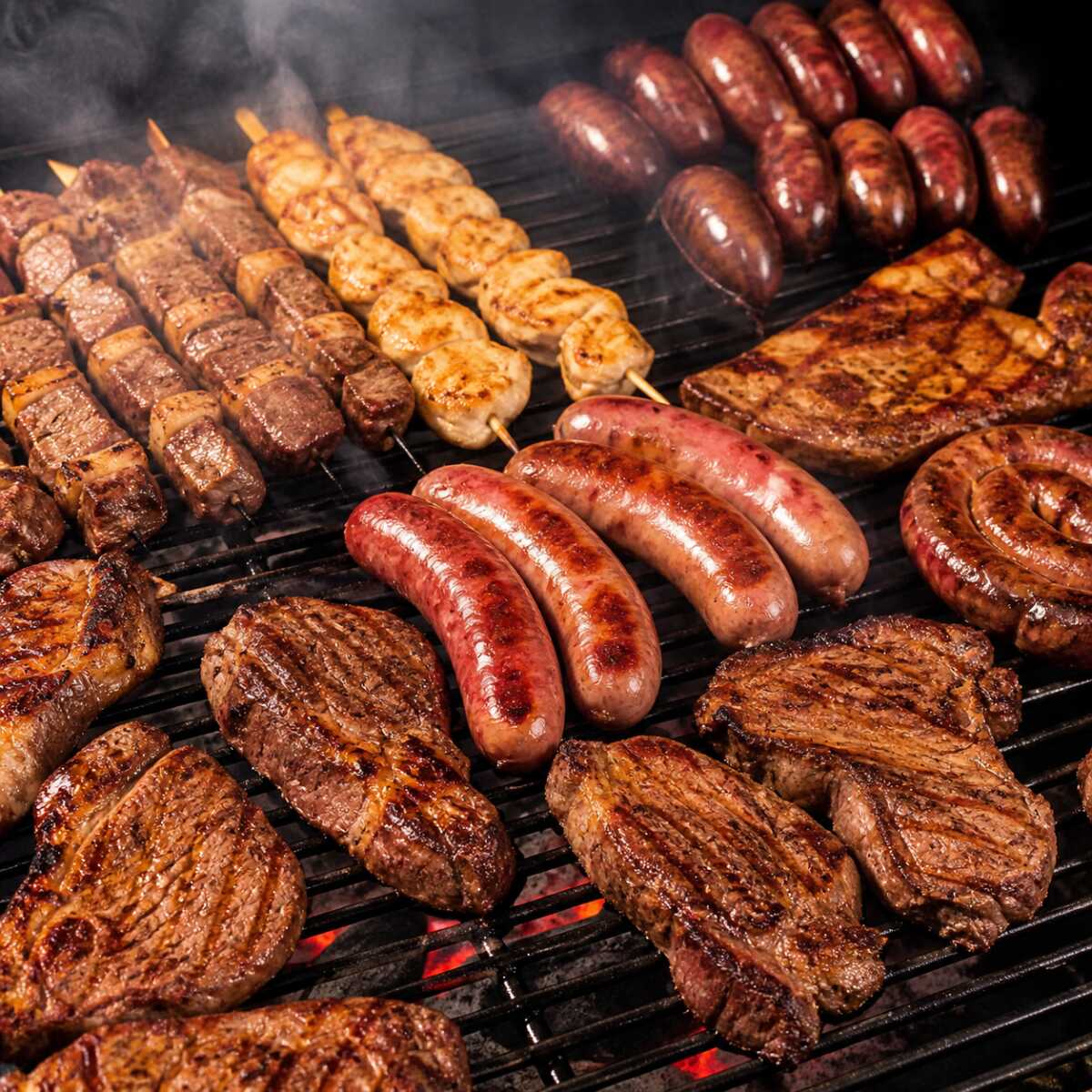 Alcatra, Linguiça Toscana, Frango Acompanham Arroz, Farofa, Vinagrete e macarronese