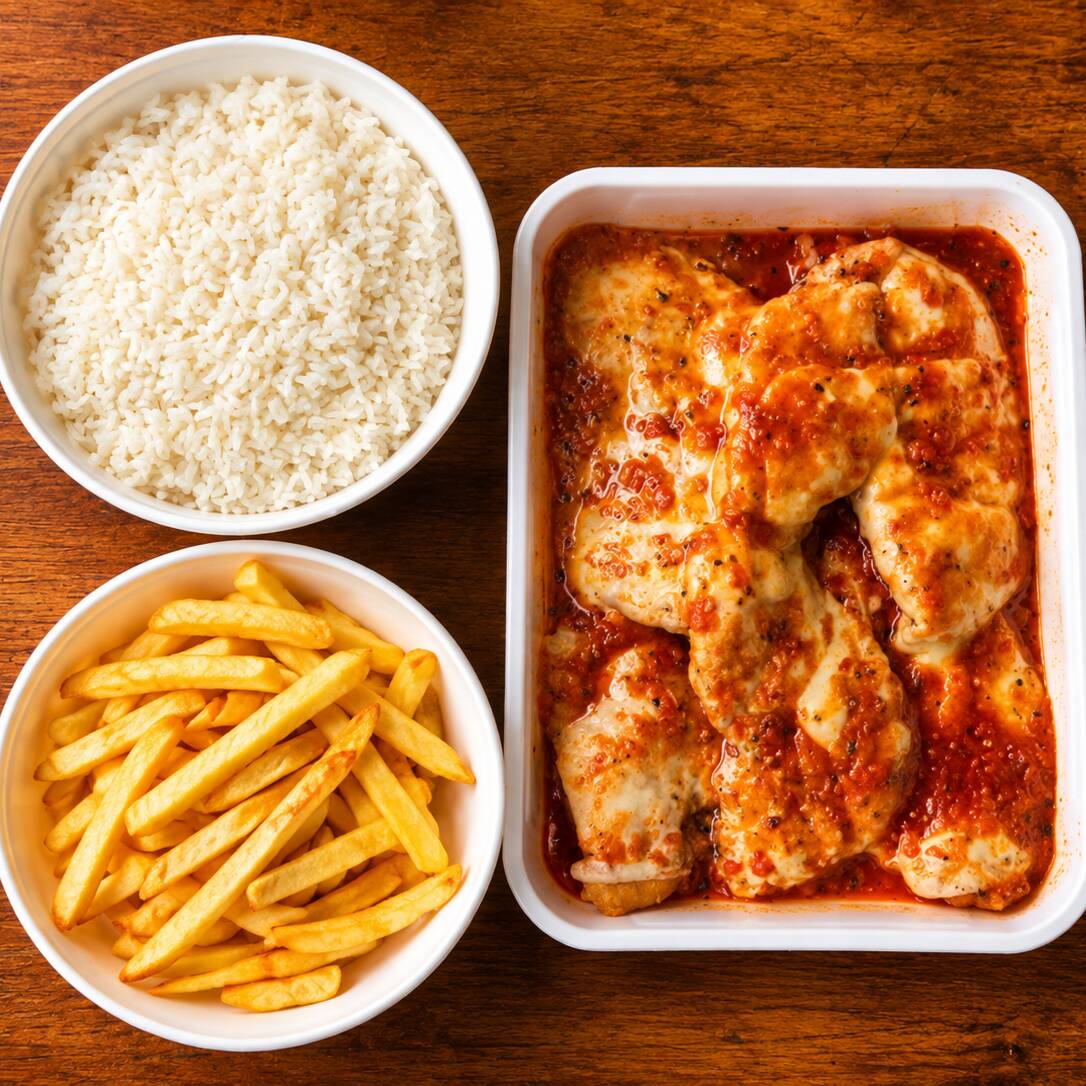 Arroz soltinho, fritas crocantes, filés de frango empanado cobertos com queijo derretido e molho caseiro de tomates frescos