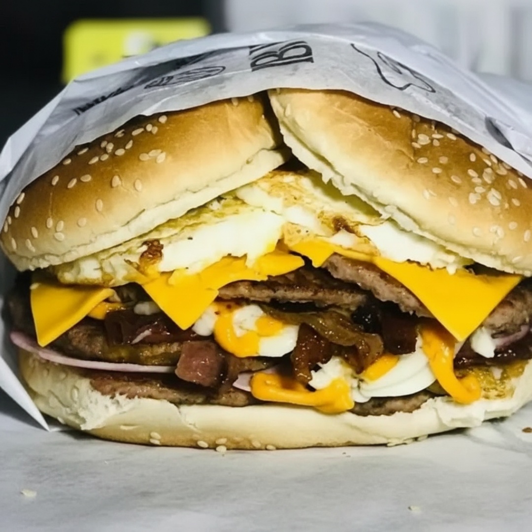 2 Pães, 4 carnes, 2 queijos, 2 presuntos, 4 ovos, bacon, calabresa, cheddar, Catupiry e 2 ovos de codorna.