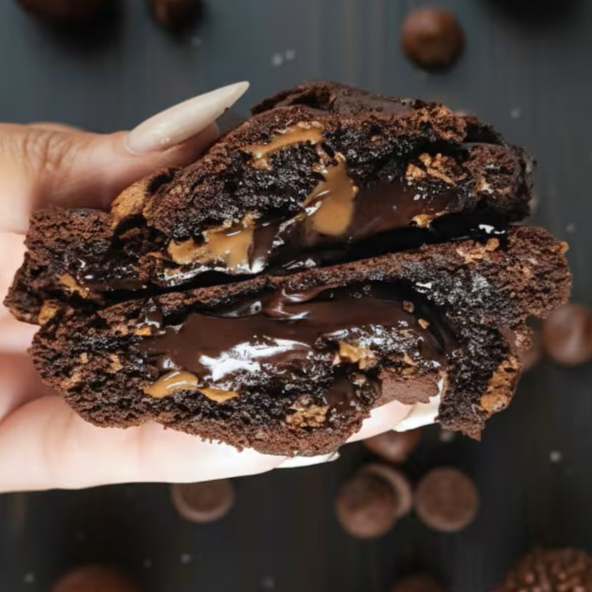 Cookie intenso de chocolate com brigadeiro meio amargo e gotas de chocolate ao leite. Um cookie artesanal, macio por dentro e cheio de sabor, feito para derreter na boca e aquecer o coração.