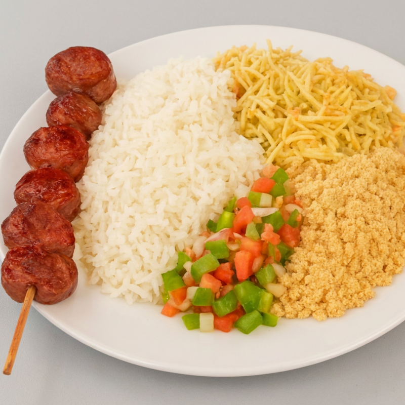 Arroz, Farofa ,Molho campanha, Salpicao (almoço e janta)