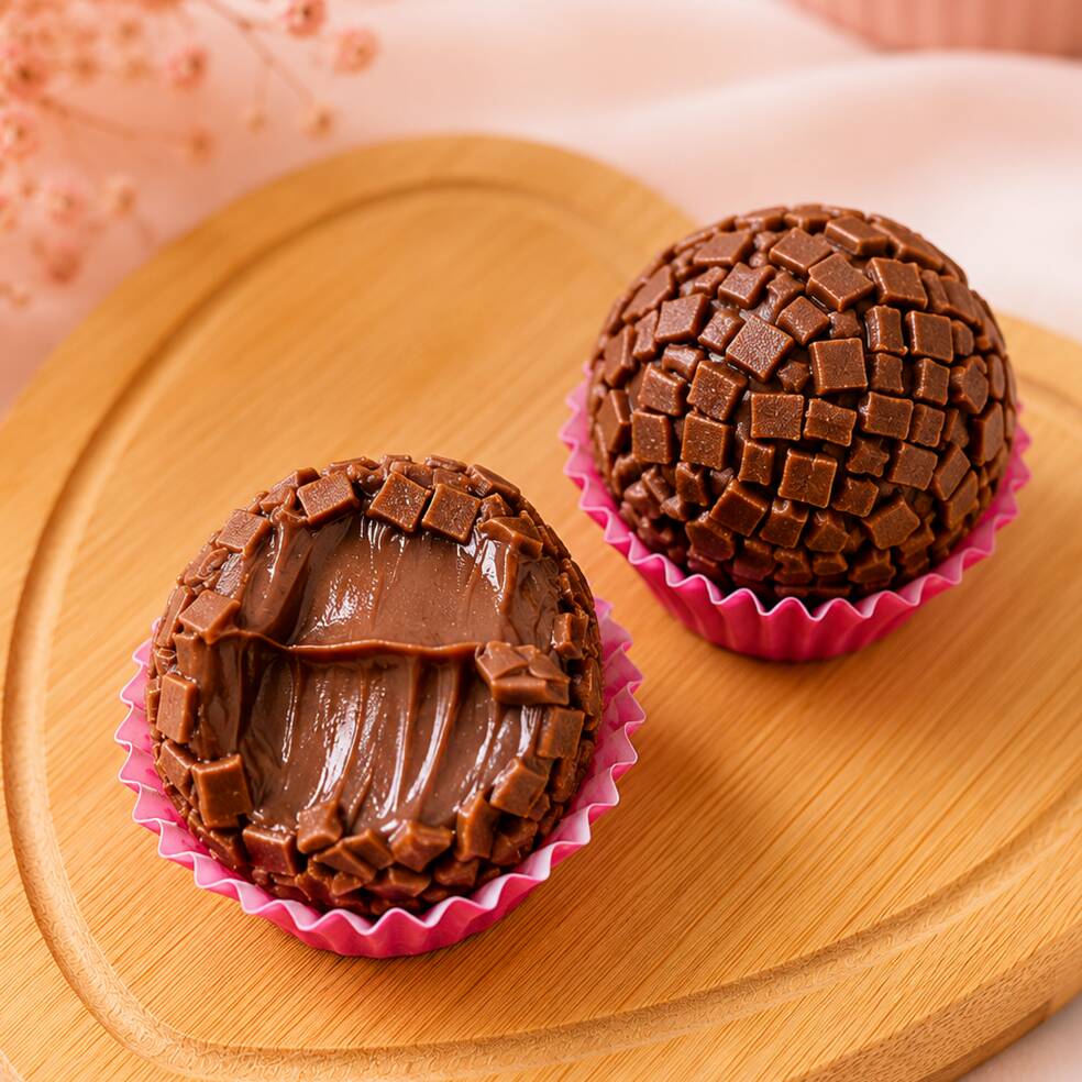 Brigadeiro gourmet de chocolate meio amargo, com textura super cremosa e finalizado com Granulé de chocolate. Aprox.: 30g por unidade.