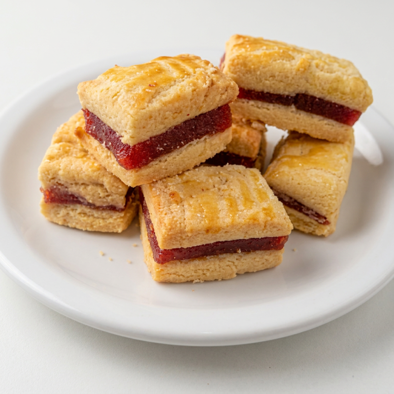 Biscoito amanteigado com recheio de goiaba.