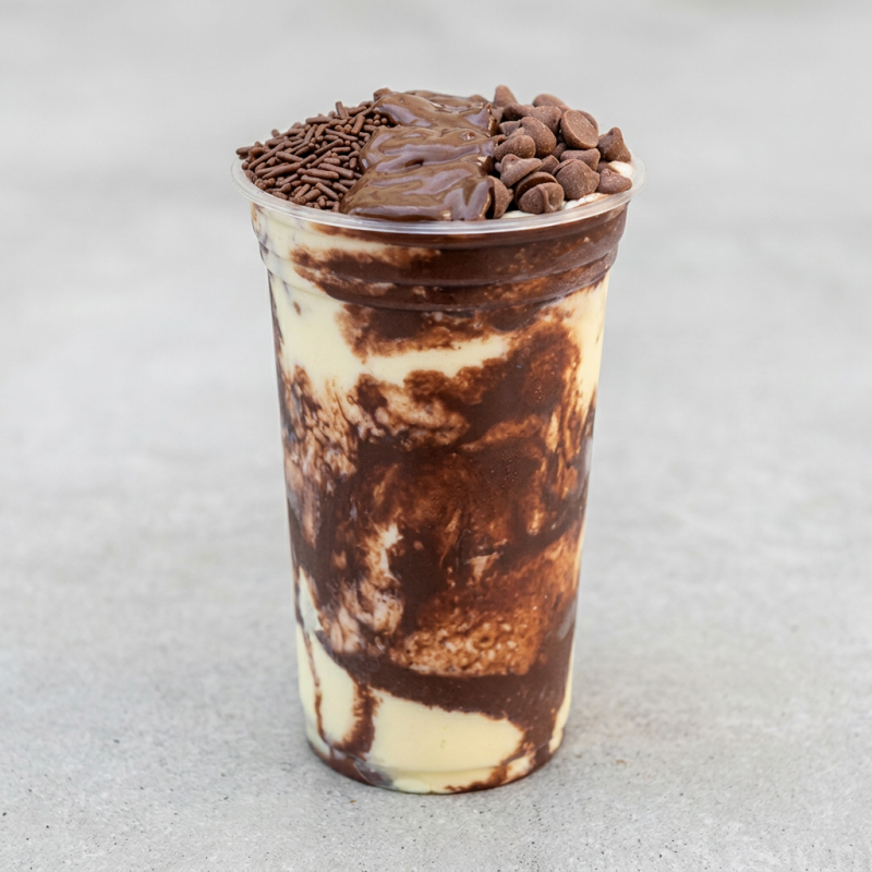 Creme de Ninho, creme de avelã, ovomaltine, granulado e gotas de chocolate