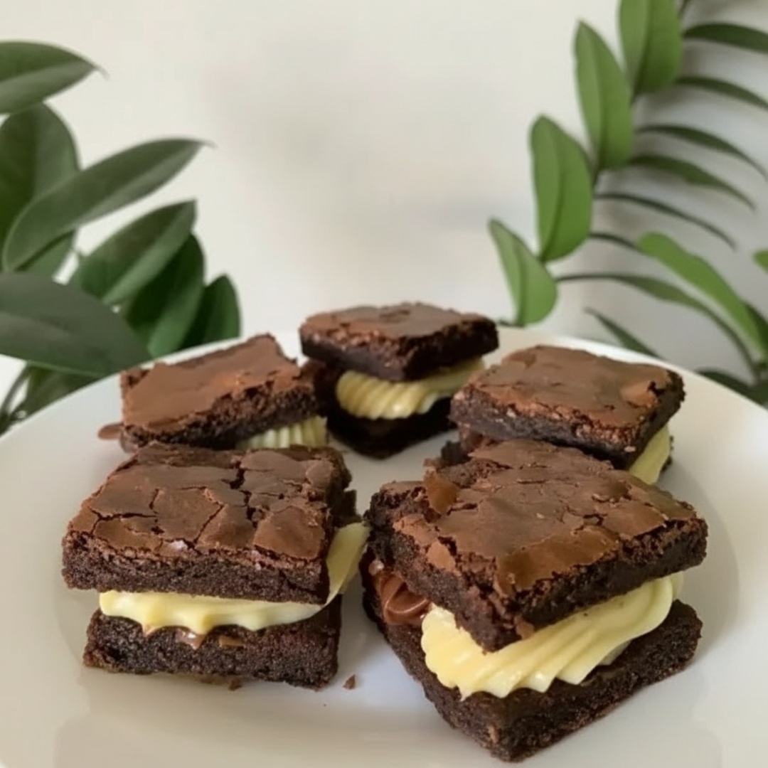 Brownie com recheio e cobertura de chocolate.