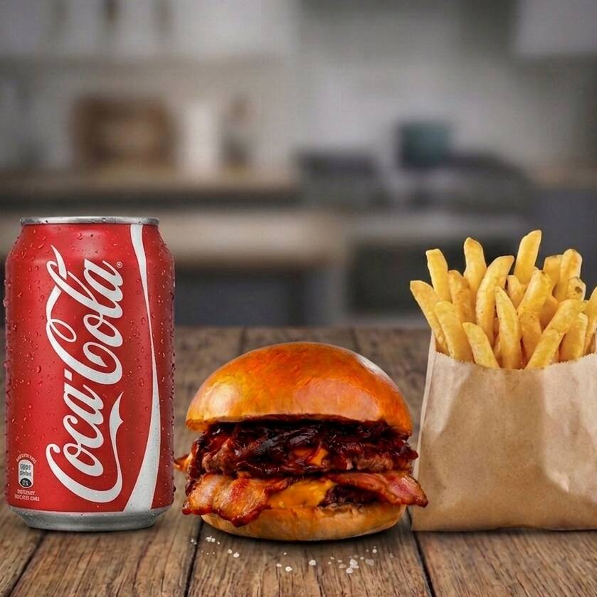 Smash Duplo Melt
O equilíbrio perfeito entre o salgado e o doce! Dois suculentos burgers de 75g (estilo smash) com aquela crostinha irresistível, cobertos com queijo cheddar derretido, fatias de bacon crocante e nossa exclusiva cebola caramelizada no molho barbecue. Tudo isso em um pão brioche macio e selado na manteiga.
Acompanha batata frita crocante e refrigerante geladíssima.