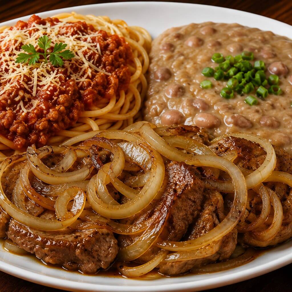 Lombo acebolado, arroz, tutu mineiro e macarrão ao molho caseiro, acompanhado de refrigerante 200ml.