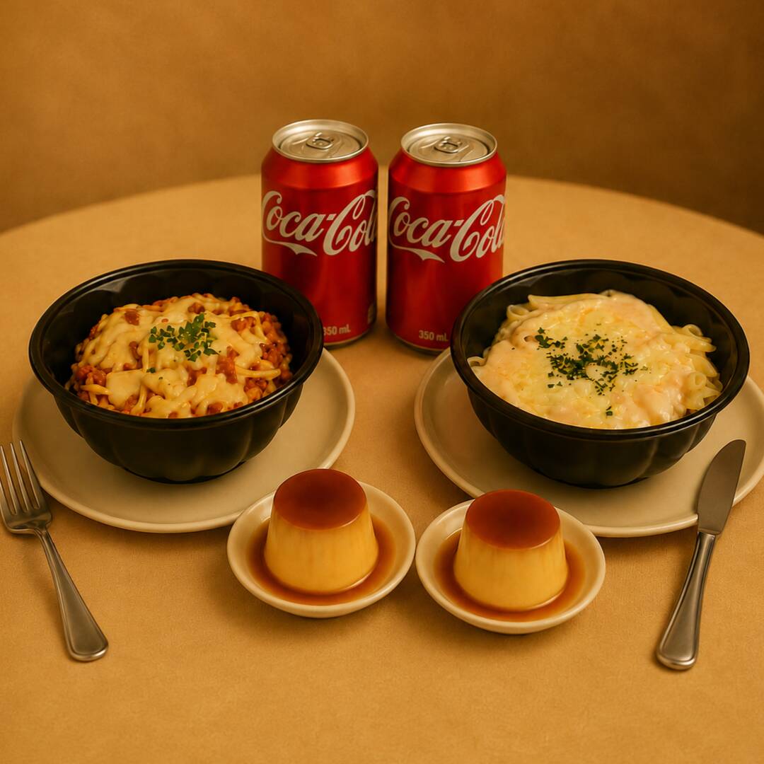 A combinação perfeita entre dois grandes sucessos da casa: nosso tradicional Macarrão à Bolonhesa, preparado com carne moída e molho de tomate artesanal, e o irresistível Macarrão 4 Queijos, com muito sabor e cremosidade. Acompanhado de duas Coca-Colas geladas e dois pudins cremosos para completar a experiência.
2 Macarrão Blumenau
2 Coca Cola 350ml
Peso aproximado do prato pronto: 1,1gr