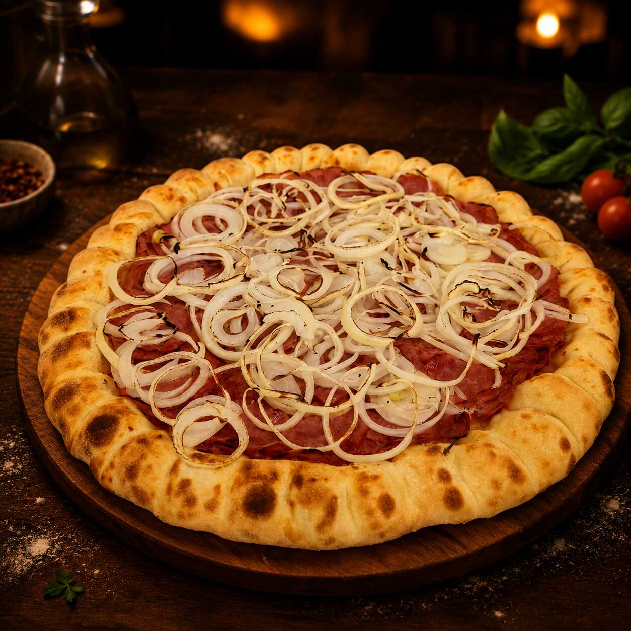 Massa artesanal da casa, molho de tomate, calabresa fatiada, cebola em rodelas e azeitonas.