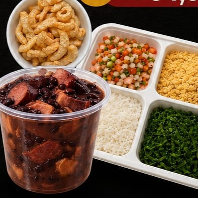 Feijoada completa! Acompanha arroz, farofa da casa, couve no alho, vinagrete e torresmo á parte para manter a crocância perfeita!