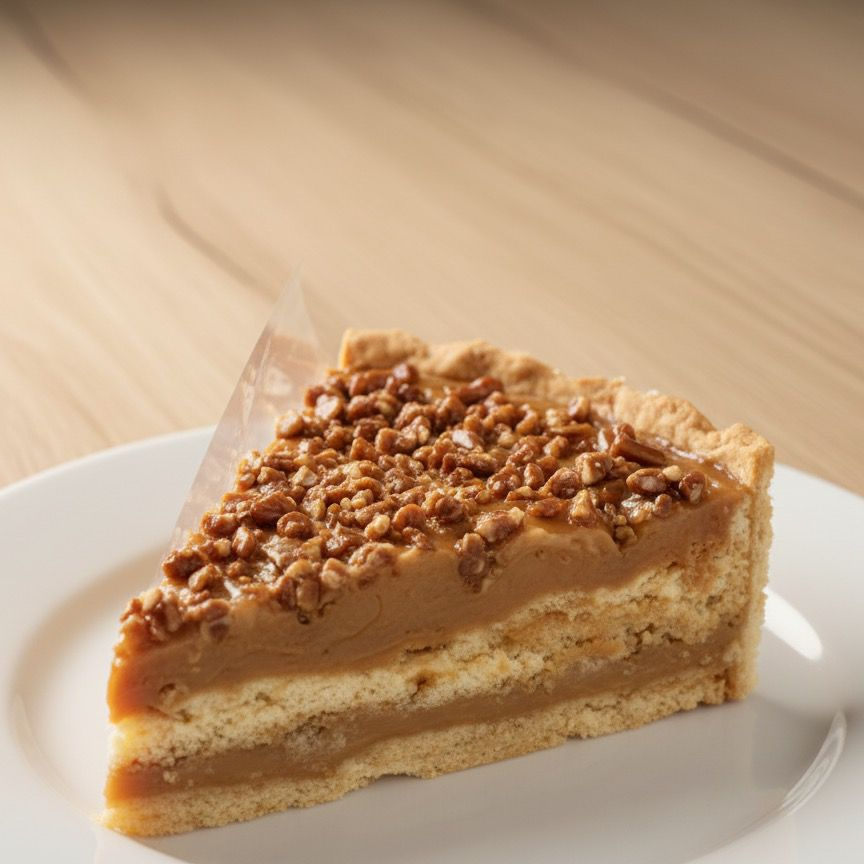 Camadas de Creme amanteigado e biscoito maisena , com recheio e cobertura de doce de leite e crocante de castanha de caju.