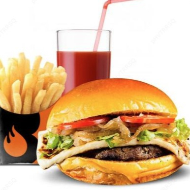 Delicioso hambúrguer de Carne de Sol 160g, queijo, cebola caramelizada e molho especial num pão brioche amanteigado, batata frita e suco de 400ml.