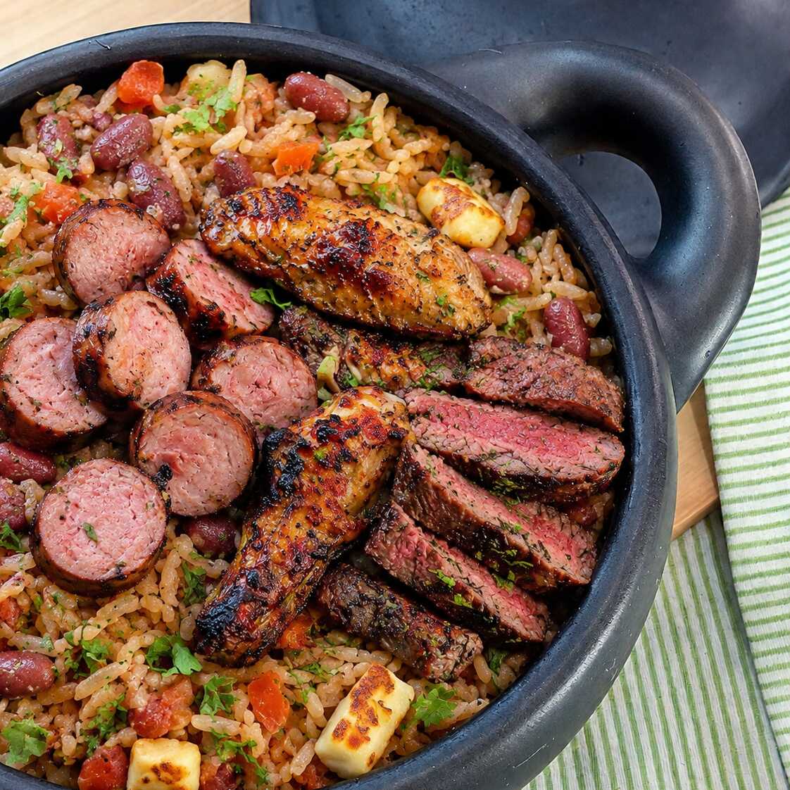 Delicioso baião de dois c/ churrasquinho misto e fritas.
