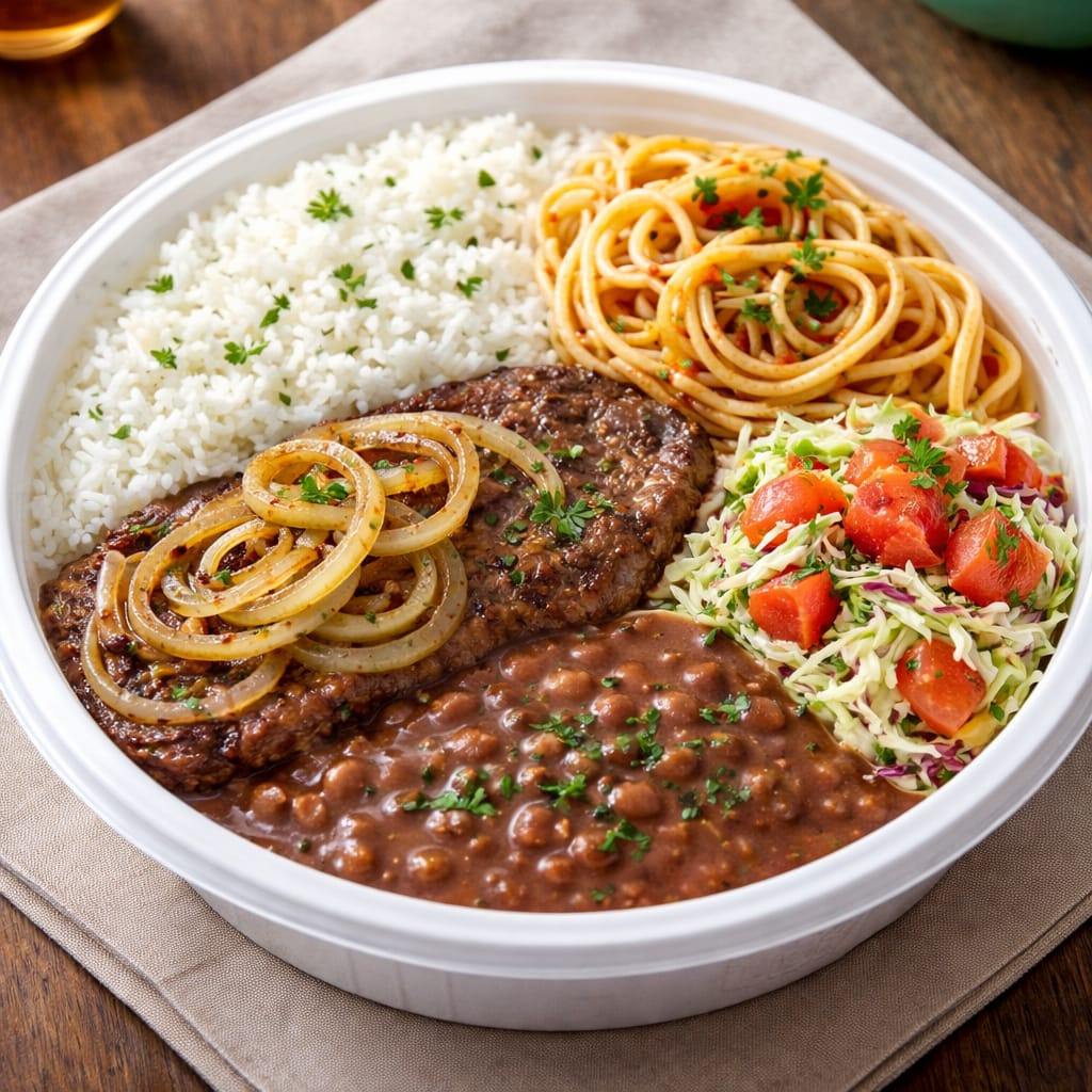 Acompanha Arroz bem soltinho, Feijao de caldo, bife acebolado, macarrão ao molho vermelho e salada.