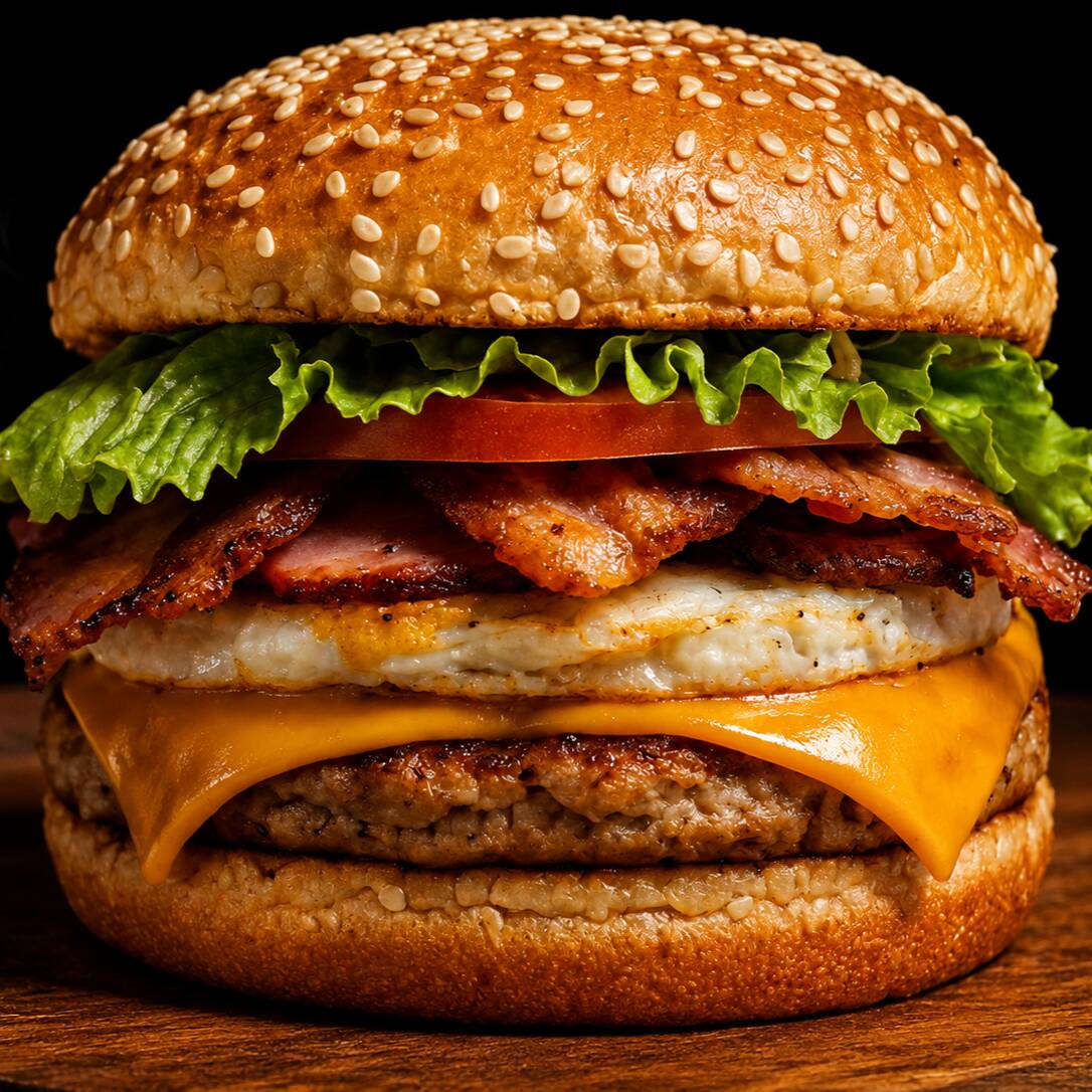 Pão macio, salada fresquinha, Cheddar Melt, bife bovino, queijo cheddar derretendo, ovo no capricho e bacon crocante.