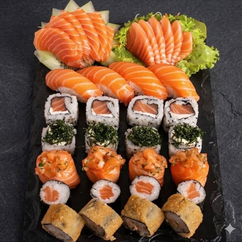 10 Sashimi de Salmão 4 Niguiri salmão 4 Uramaki Skin,4 Joe,4 Hossomaki, 4 Hot Roll