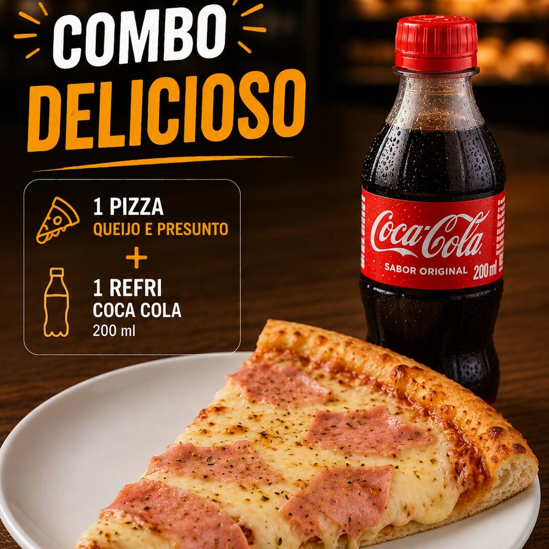 Uma pizza de queijo com presunto, ovo e catupiry… e 1 refri de 200ml