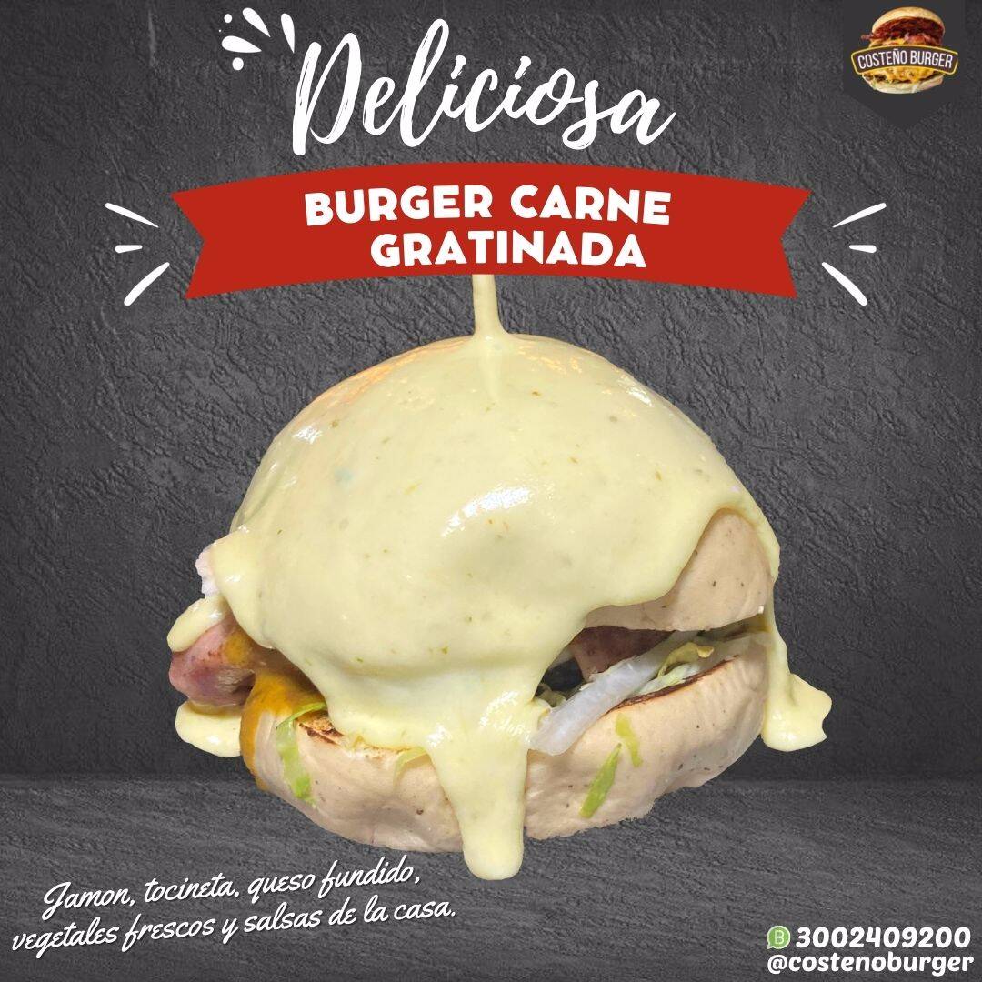 BURGER CARNE GRATINADA + PAPAS FRANCESAS