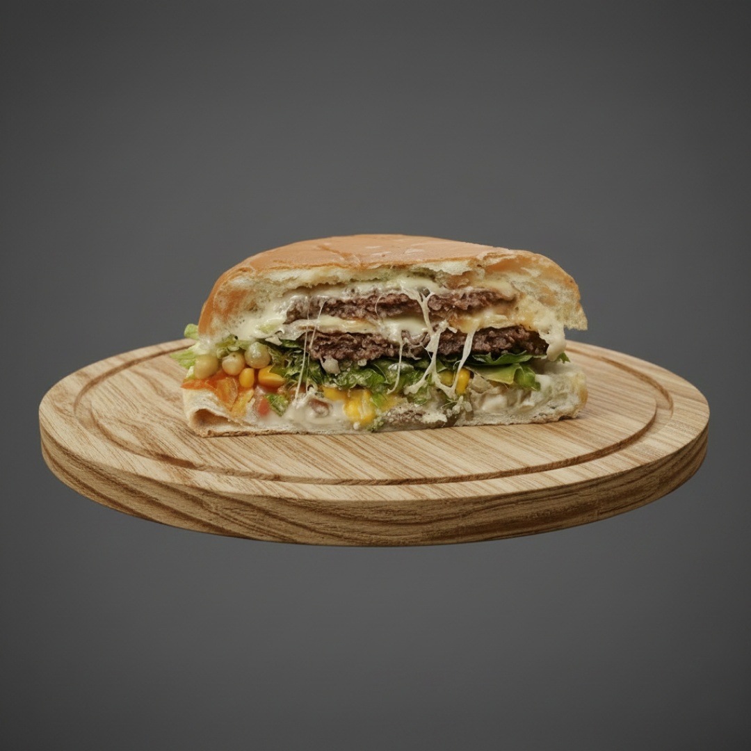 Pão de Hamburguer, Filé de frango em cubos, mussarela, presunto, ovo, bacon, alface, tomate e milho