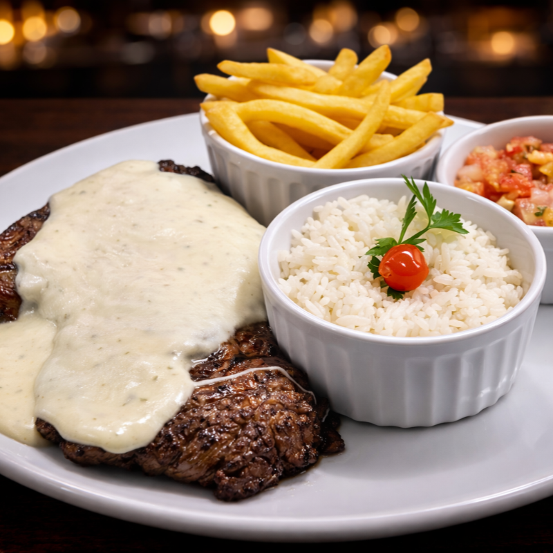 Filé de chorizo grelhado no ponto perfeito, acompanhado de arroz soltinho, batatas fritas crocantes, vinagrete e finalizado com molho de queijo cremoso e irresistível. Uma combinação clássica e deliciosa que agrada todos os paladares.