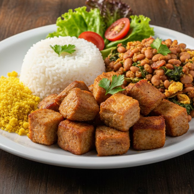 Carne do sol cortado em cubos (200g), servido com nossa salada de mix de alface e tomate, feijão tropeiro (300g), arroz (300g) e farofa (150g).