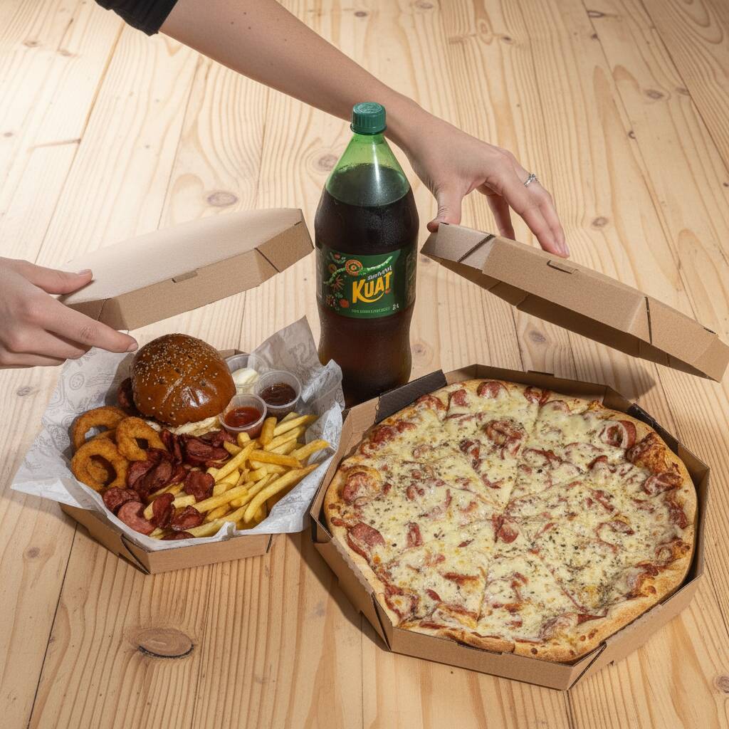 1 Pizza Gg cortada em 8 fatias de Calabresa e nosso delicioso Combo M + um Kaut 2l. Combo M Oque vem? Shelonh Burgue + 150g de batata + 70g de calabresa + 100g de anéis de cebola e molhos.