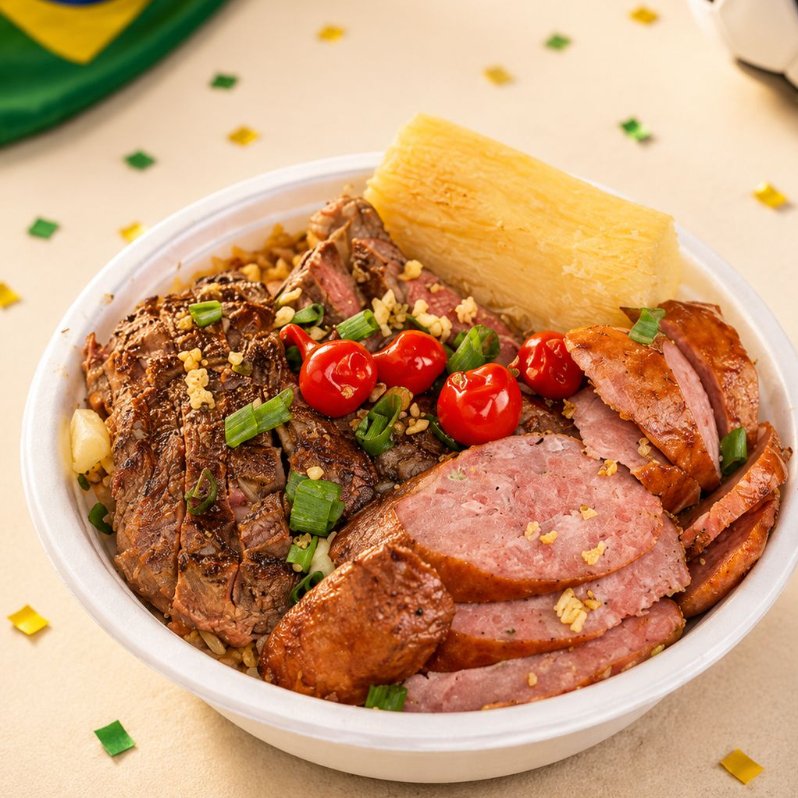 Nosso Delicioso Baião De Dois, É Feito Com Linguiça Defumada sadia, Cebola, Arroz, Feijão De Corda Legitimo, queijo coalho, Regado Com Manteiga De Garrafa Pra Deixar Aquele Sabor Inconfudivel, Tempero Baiano, Coloral E Salsinha. Acompanha Mandioca Frita Na Manteiga, e tiras de fraldinha e toscana. Finalizado Com Cebolinha, Pimenta Biquinho e alho frito