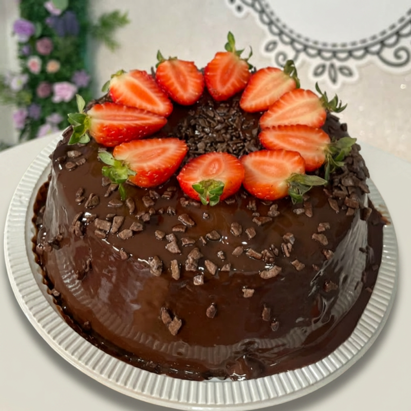 Massa de chocolate com recheio de brigadeiro e morangos em cima. 20cm