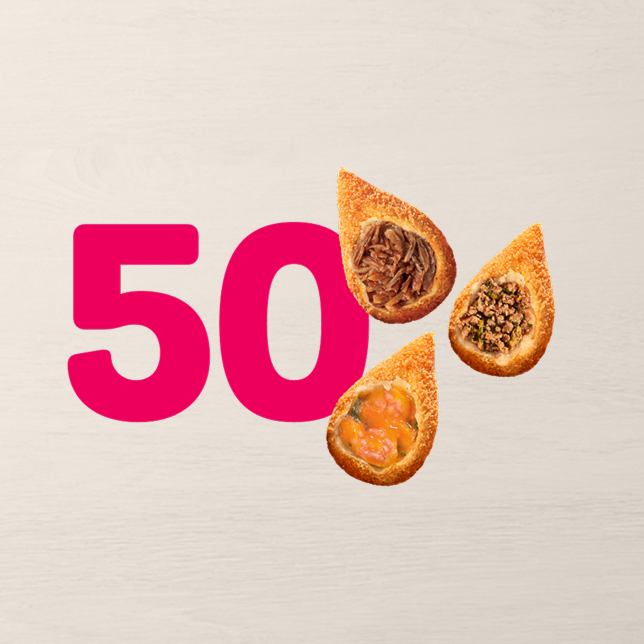 Combinação surpreendente da nossa tradicional massa crocante com recheio cheio de personalidade. Escolha 50 unidades das nossas deliciosas Coxinhas, Especiais ou Premium. Incrível!