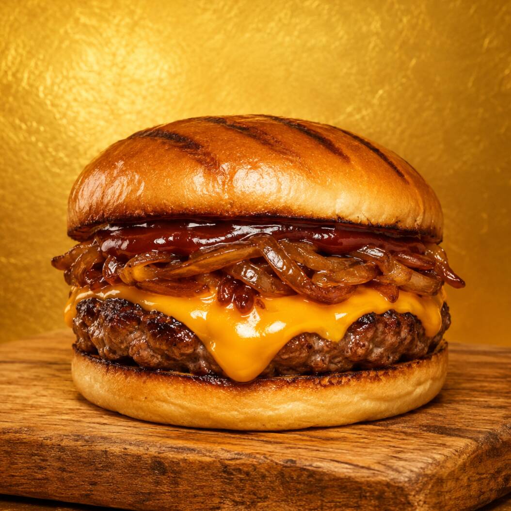 PÃO GRELHADO, CARNE ARTESANAL (80g) QUEIJO CHEDDAR CREMOSO, MOLHO BARBECUE E CEBOLA CARAMELIZADA.