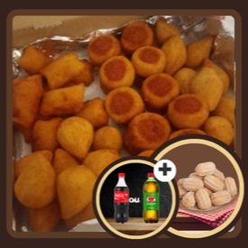 40 Deliciosos Salgados de 20g tradicional festa. Fritos na hora quentinho e crocantes + 20 Mini Churros Recheio Doce de Leite + 01 Refri de 600ml (Coca-Cola ou Guaraná)... Podendo escolher 4 sabores dentre: Coxinha, Kibe, Bolinha de queijo, Bolinho de calabresa, Enroladinho de salsicha, Risole ou Bolinho de carne. Serve 03 à 04 Pessoas.