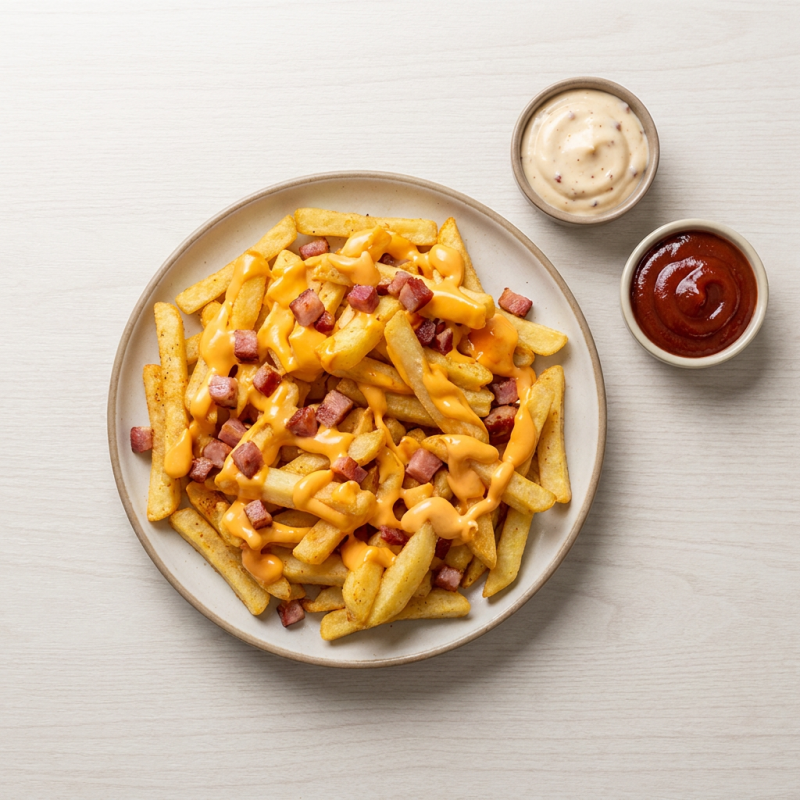 Batatas cuidadosamente temperadas e cobertas por muito cheddar e bacon. Acompanha 1 potinho de maionese artesanal de alho assado e bacon e 1 potinho de ketchup com goiabada. Devido a logística do delivery, pode ser que a nossa batata não chegue 100% em temperatura e crocância.