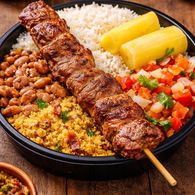 Janta grande e bem servida com arroz, feijão tropeiro, mandioca, vinagrete e espetinho na brasa.