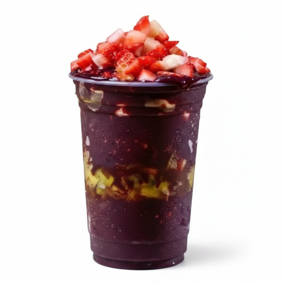 Copo 500 Ml de açaí puro ou acompanhado de complementos a escolher e caldas diversas. Você pode escolher cinco complementos e uma calda.