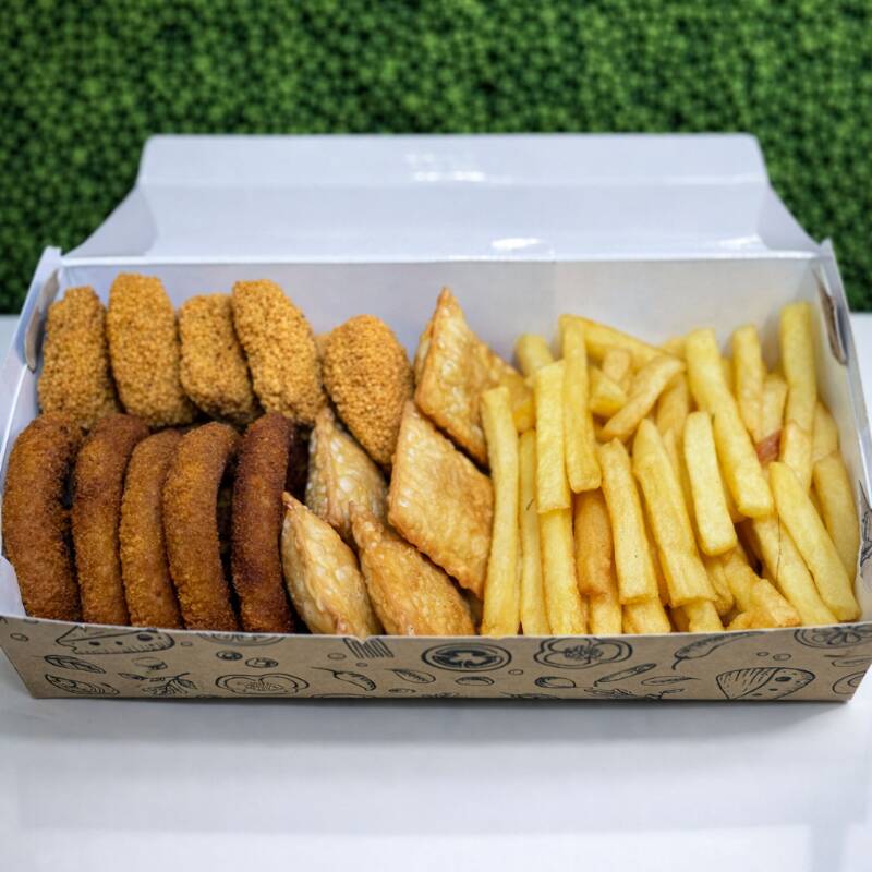 Essa porção serve até 2 pessoas
Acompanha os seguintes itens:
- Batata frita 300g
- 5 nuggets
- 5 mini pastéis
- 5 anéis de cebola