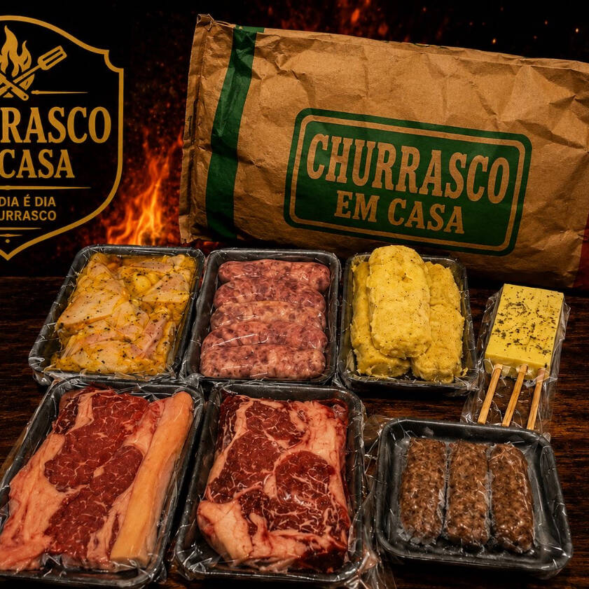 1Kg Contra Filé, 500g Asa Gourmet, 500g Linguiça Toscana, 1 Pct Queijo Coalho, 1 Bandeja Pão de Alho, Carvão, acendedor e sal grosso.