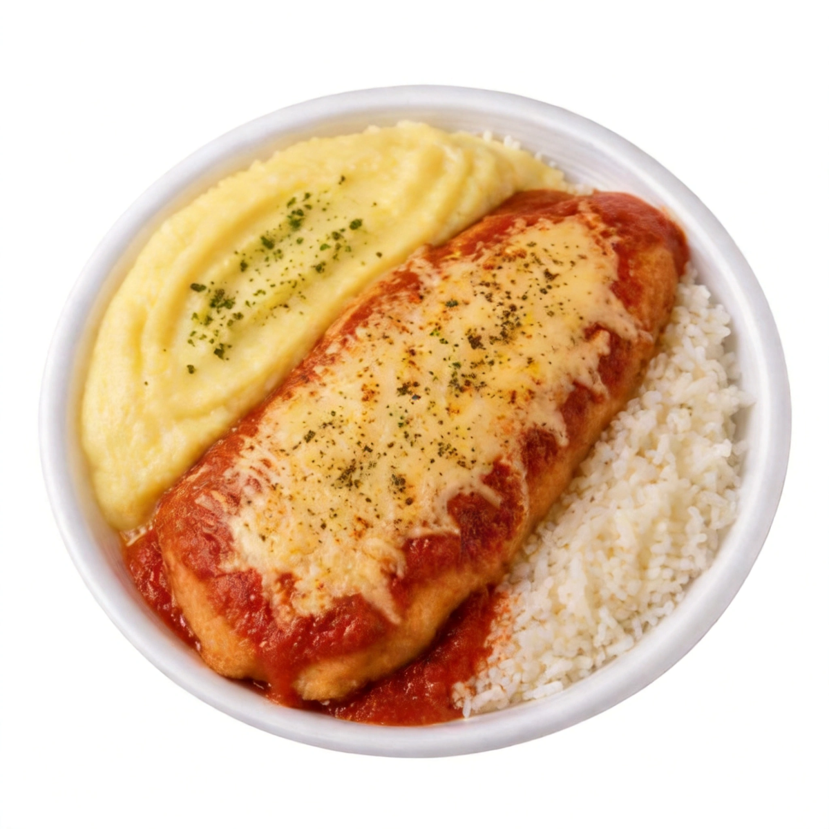 arroz, feijão, file de peixe a parmegiana, batata frita ou pure de batata