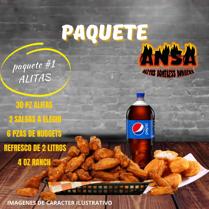 PAQUETE NUM 1 ALITAS 2 SALSAS A ELEGIR