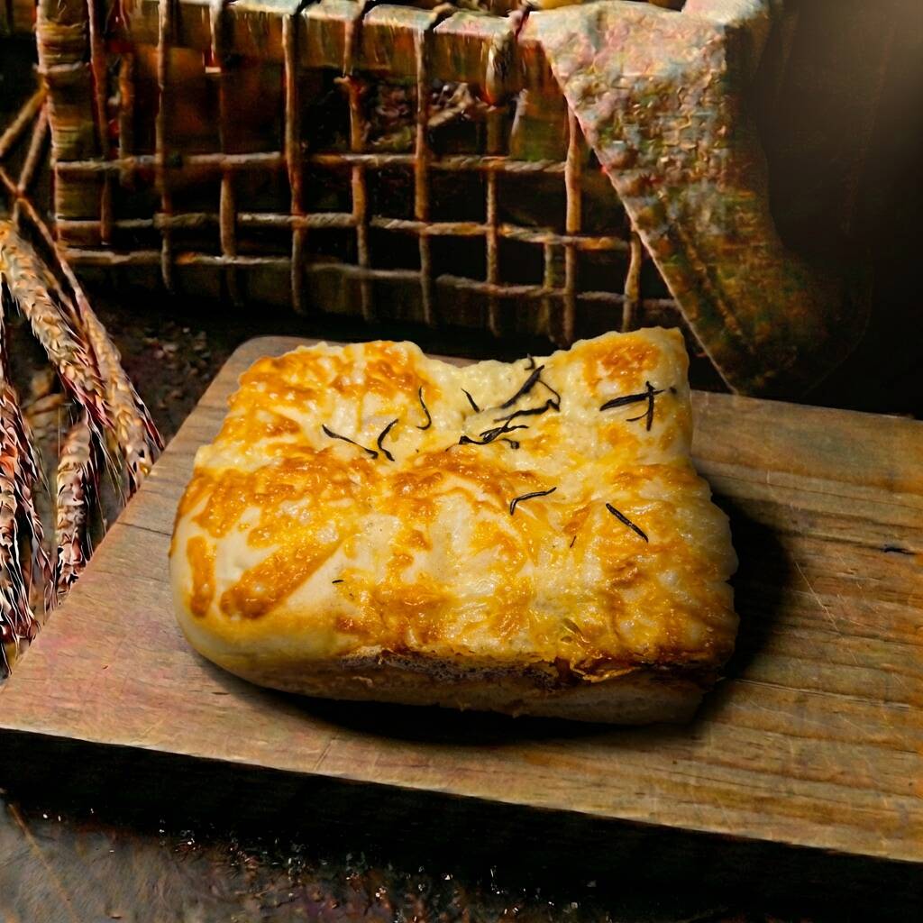 Massa macia, arejada e levemente ácida da fermentação natural com levain — coberta com alecrim fresco que perfuma cada pedaço. Crosta levemente crocante e dourada por fora, miolo fofinho e cheio de alvéolos por dentro.