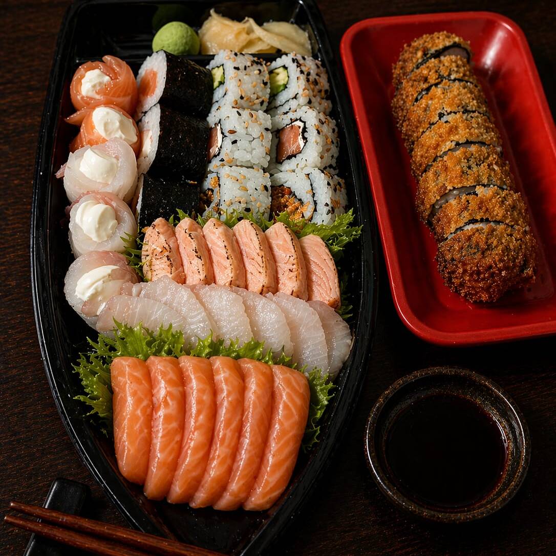 9 sushi variados, 5 sashimi de tilápia, 5 salmão selado, 5 sashimi de salmão, 5 gunkan especial, 6 hot