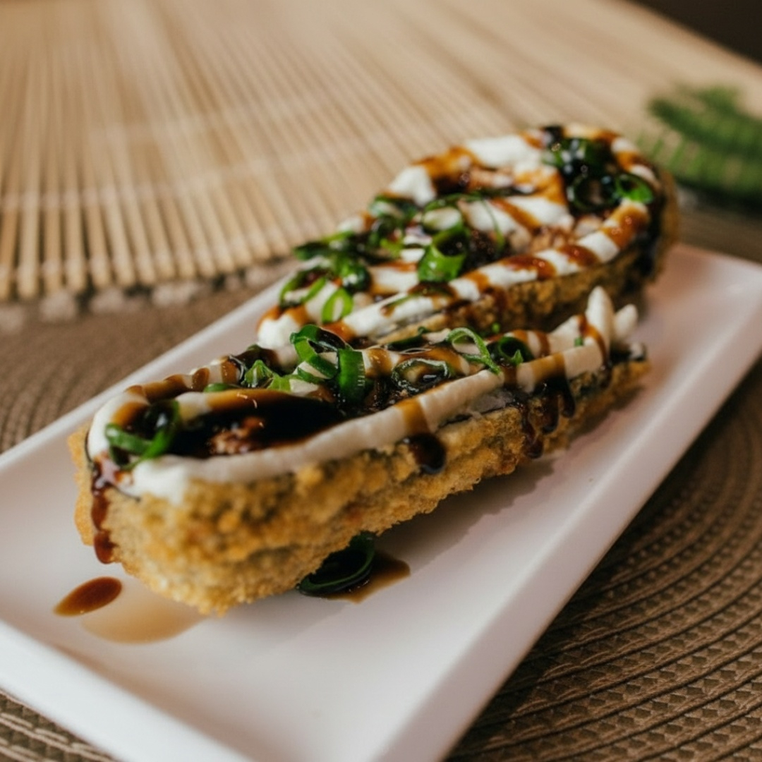 Temaki empanado com recheio de salmão grelhado com cream cheese.