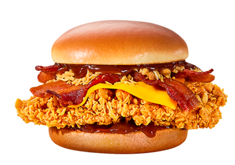 Filé de peito de frango crocante 120g, queijo tipo cheddar fatiado, bacon em fatias, cebola crispy e molho barbecue no pão brioche.