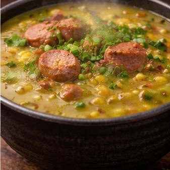 Ervilha, bacon, calabresa, alho, cebola, batata , cenoura, sal e temperos.