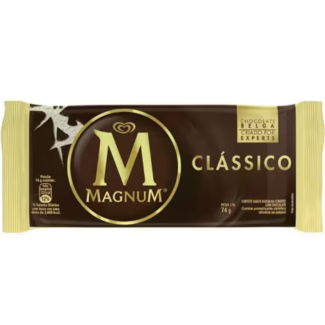 Magnum Clássico é um delicioso sorvete de baunilha com cobertura de chocolate belga. Imperdível! (Embalagem 69g)