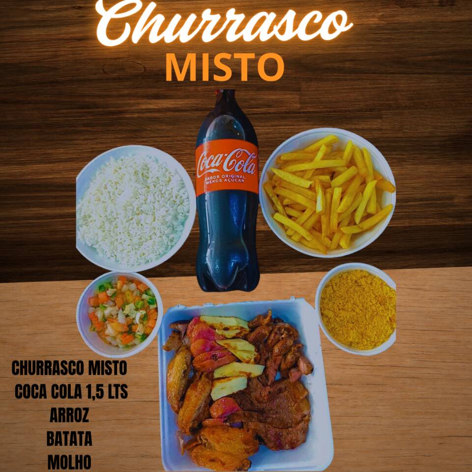 600 Gr de churrasco, Contra filé, picanha suína, drumet de frango, linguiça de pernil, queijo coalho, arroz g batata frita g molho a campanha p farofa p 1 coca cola 1,500, come ate 3 pessoas